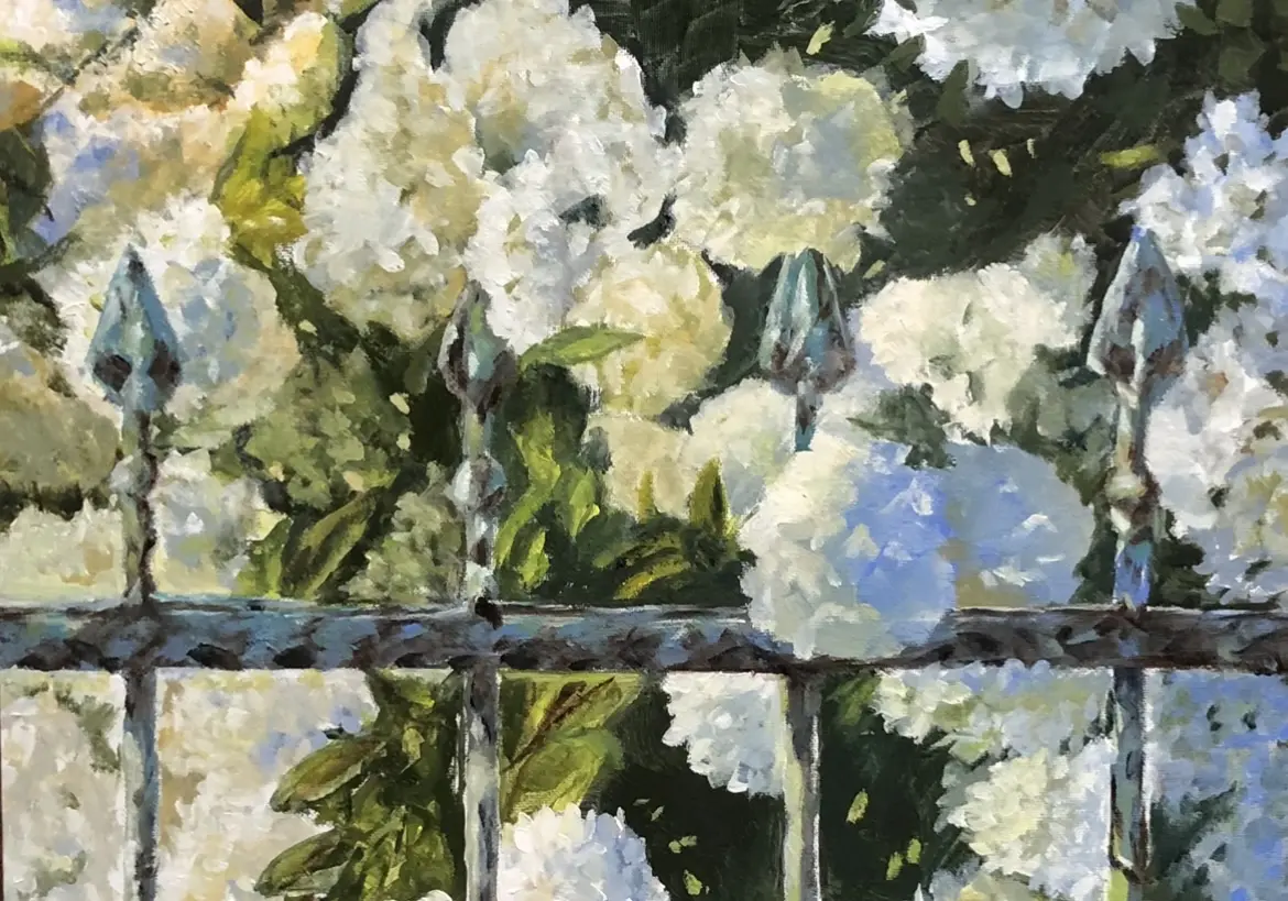 A painting of white flowers behind a fence