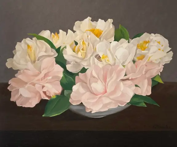 A painting of pink flowers in a bowl