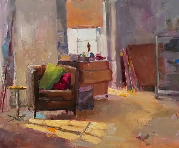 A painting of a room with furniture and a chair.