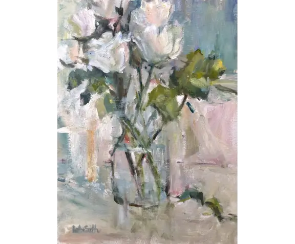 A painting of white flowers in a glass vase.