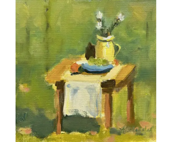 A painting of a table with flowers and fruit on it.