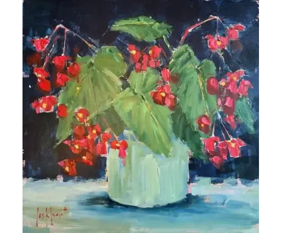 A painting of red berries in a green pot.