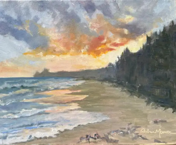 A painting of the ocean and sunset