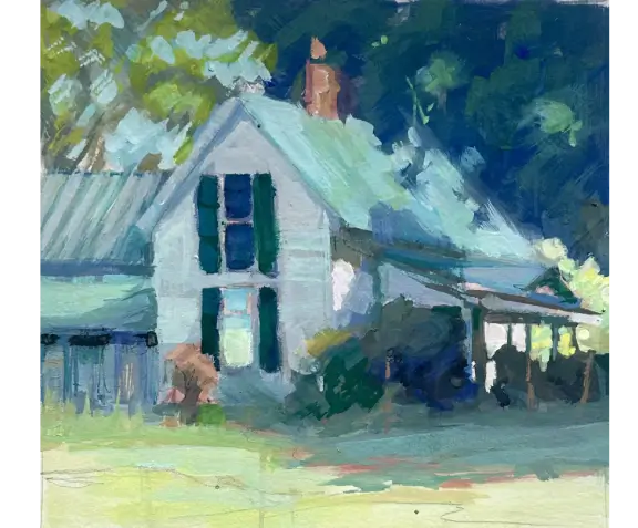 A painting of an old house with green shutters.