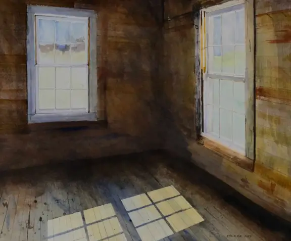 A painting of two windows in the corner of a room.