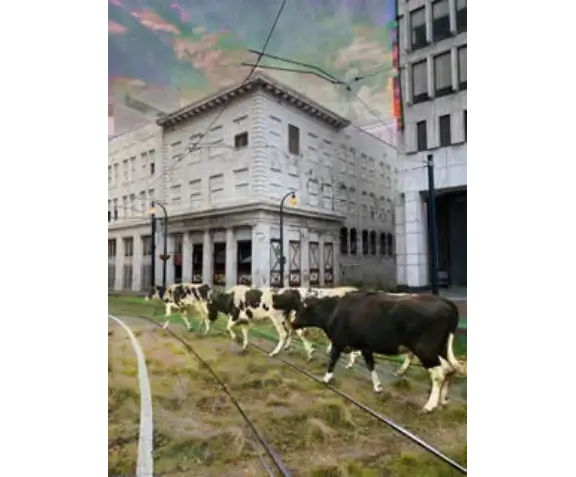 A painting of cows walking in the street