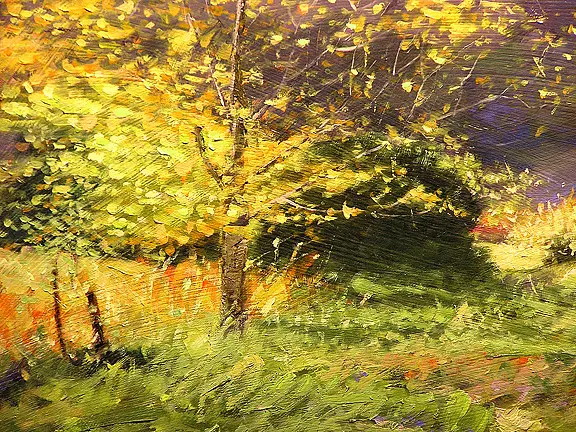 A painting of trees and grass in the foreground.