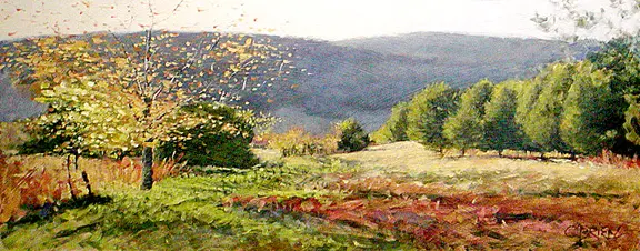 A painting of trees and bushes in the foreground