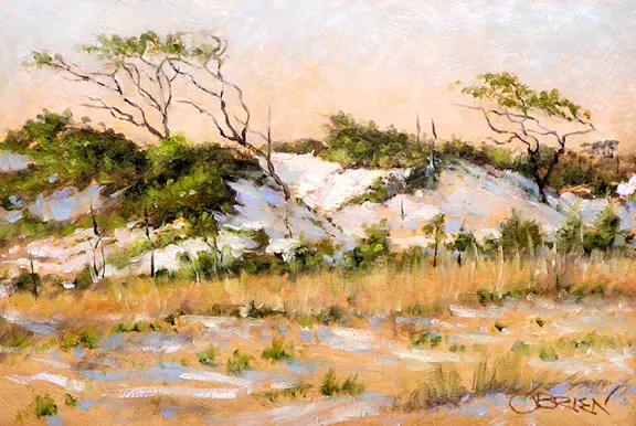 A painting of some trees and grass in the desert