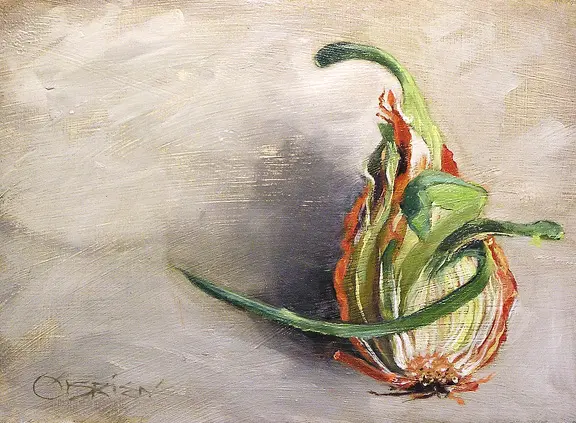 A painting of an onion with green leaves.