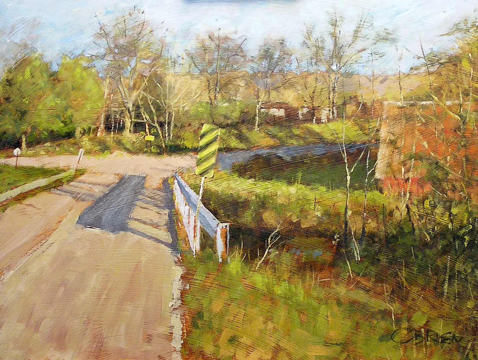 A painting of a road with trees and bushes