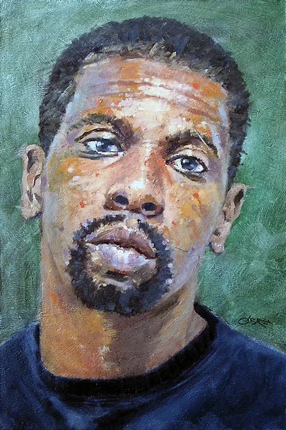 A painting of a man with blue eyes and black hair.