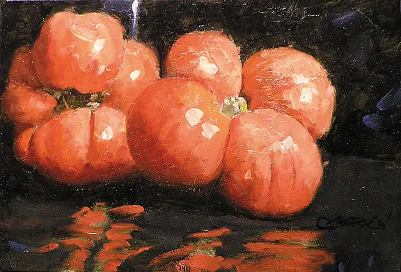 A painting of six oranges on a black surface.