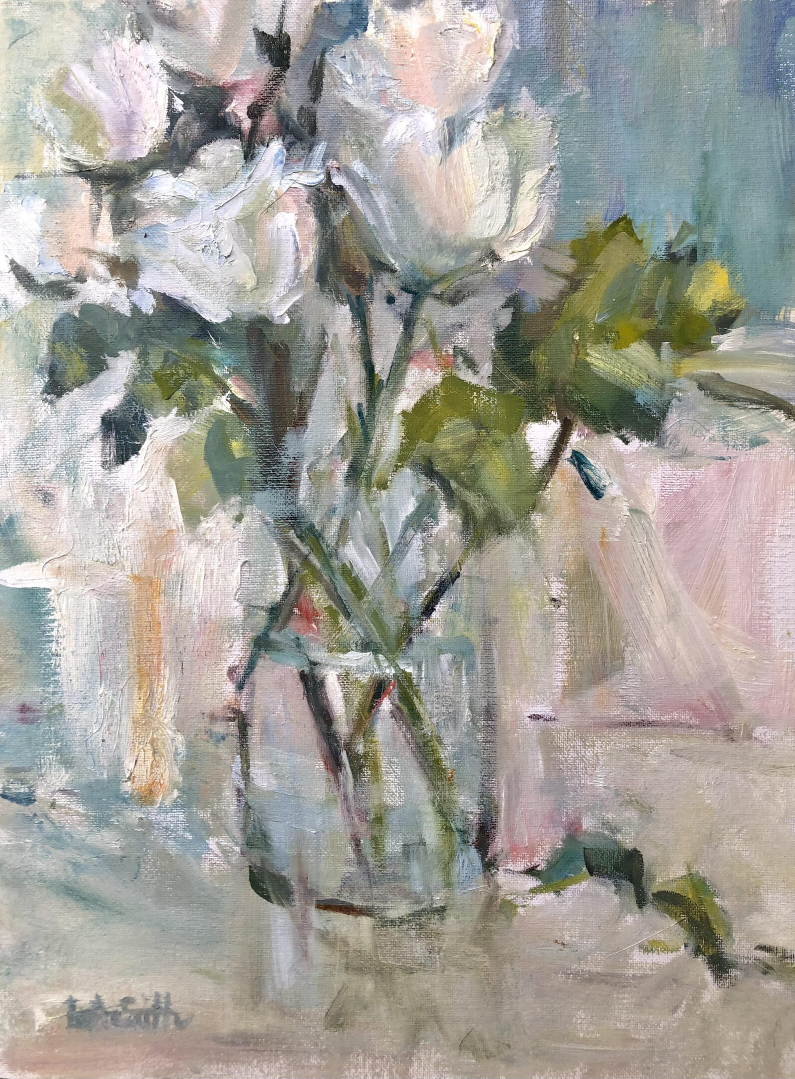 A painting of flowers in a glass vase