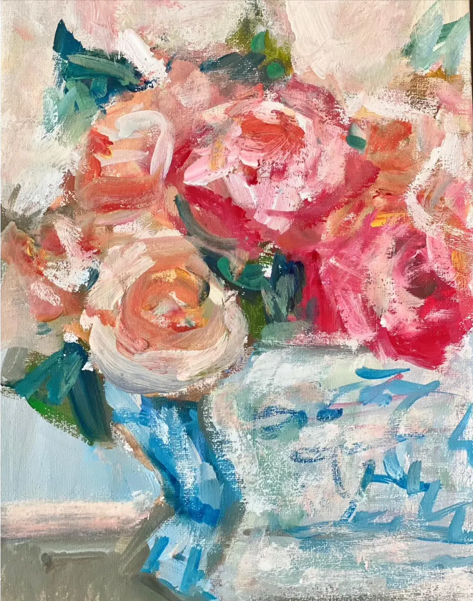 A painting of pink roses in a blue vase.