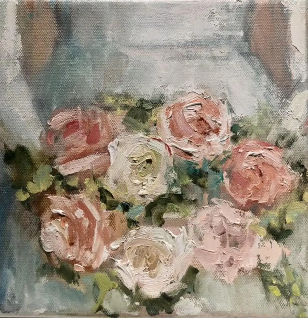 A painting of roses in a vase