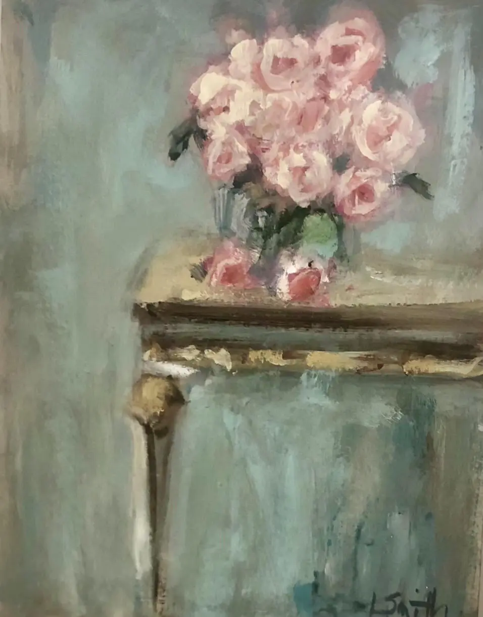 A painting of pink roses in a vase on a table.