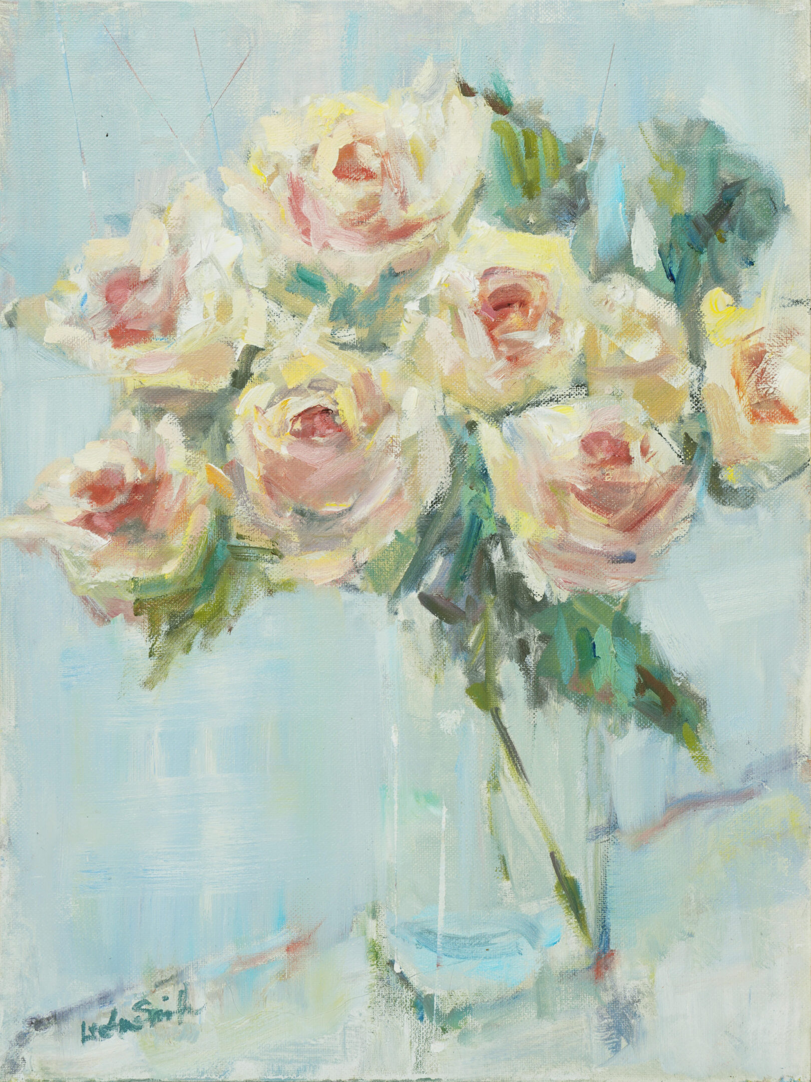 A painting of roses in a vase