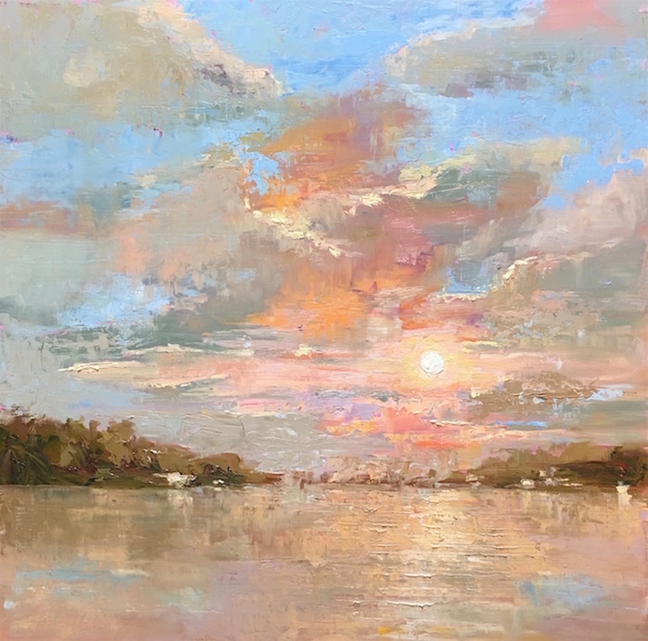 A painting of the sun setting over a body of water