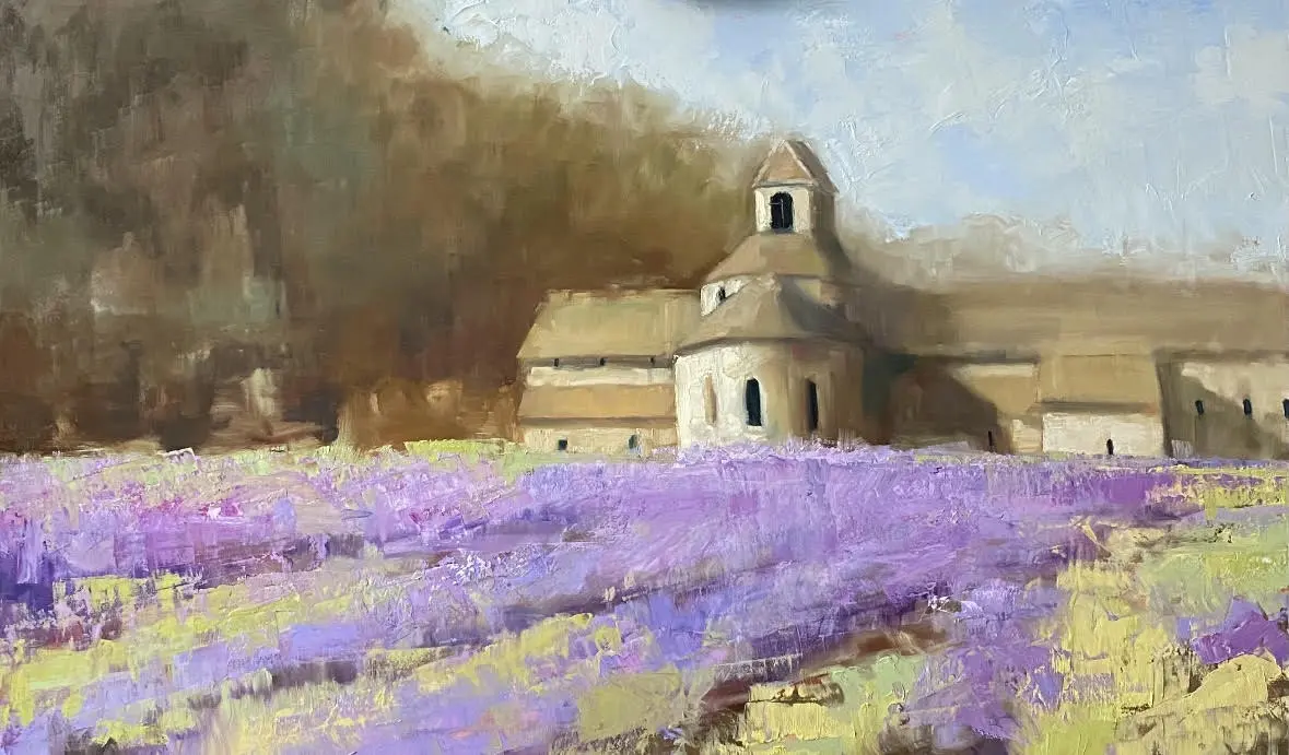 A painting of a field with purple flowers