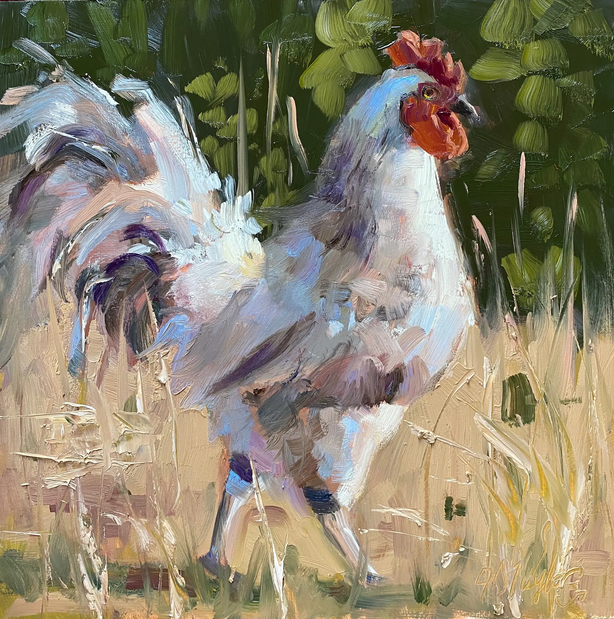 A painting of a rooster in the grass