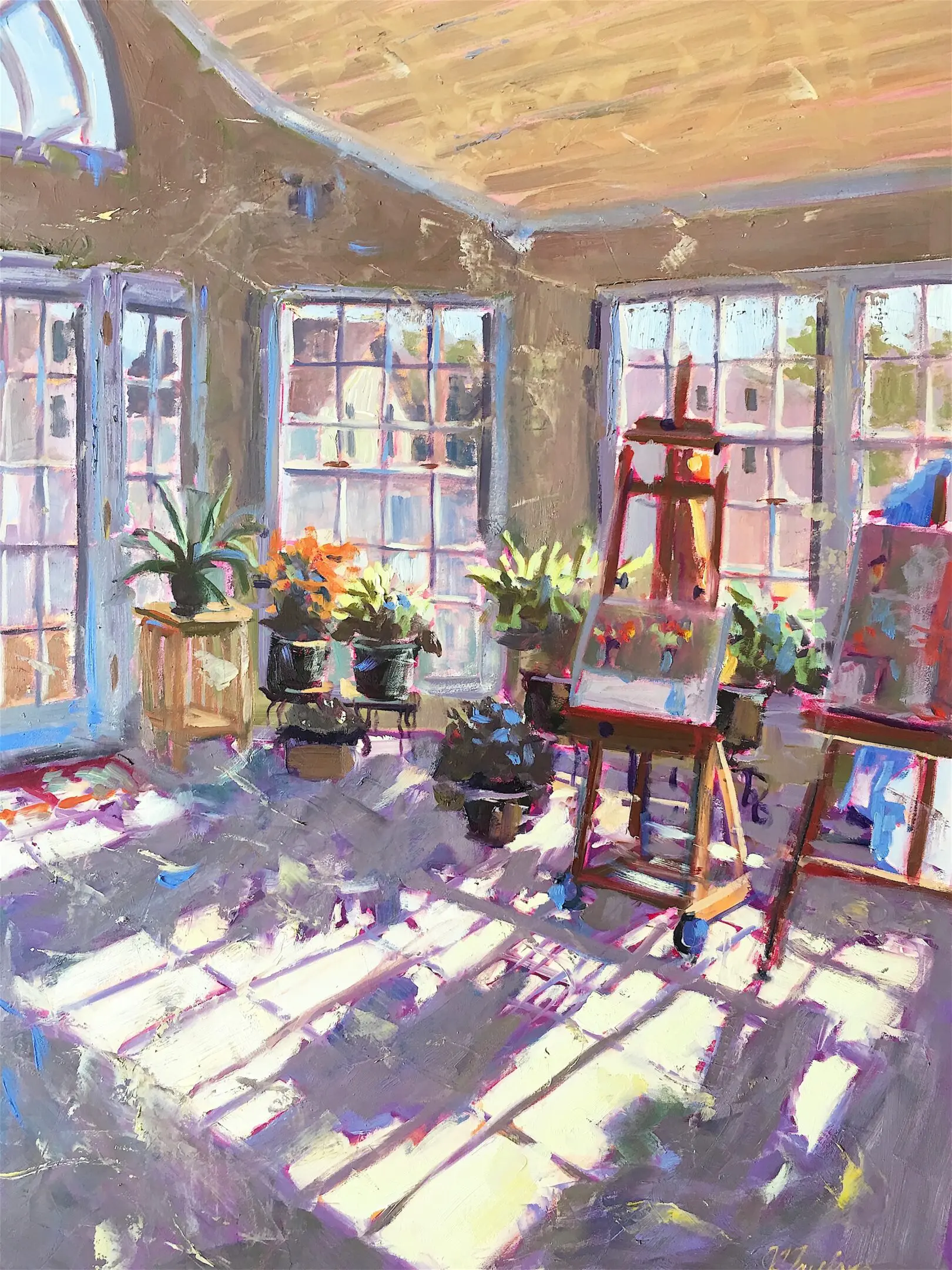 A painting of an artist 's studio with plants and easel.