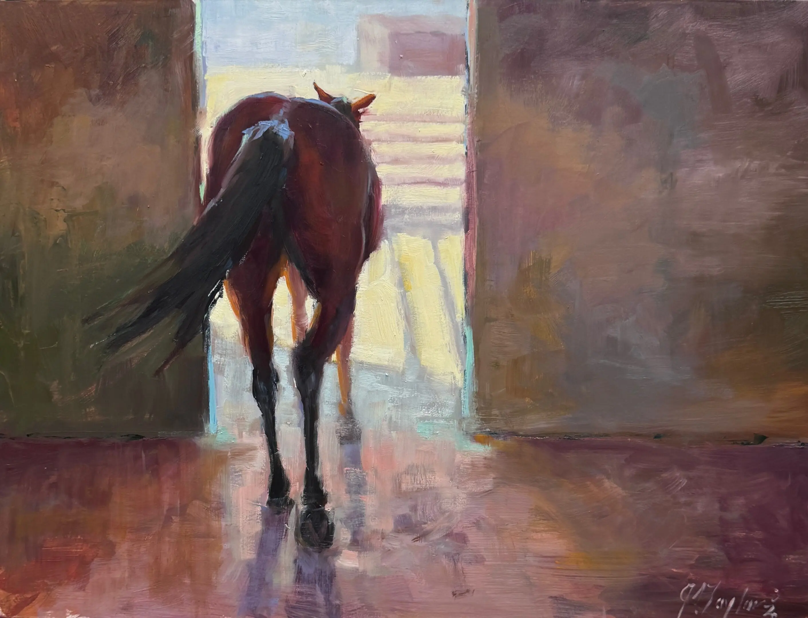 A painting of a horse walking in the doorway.