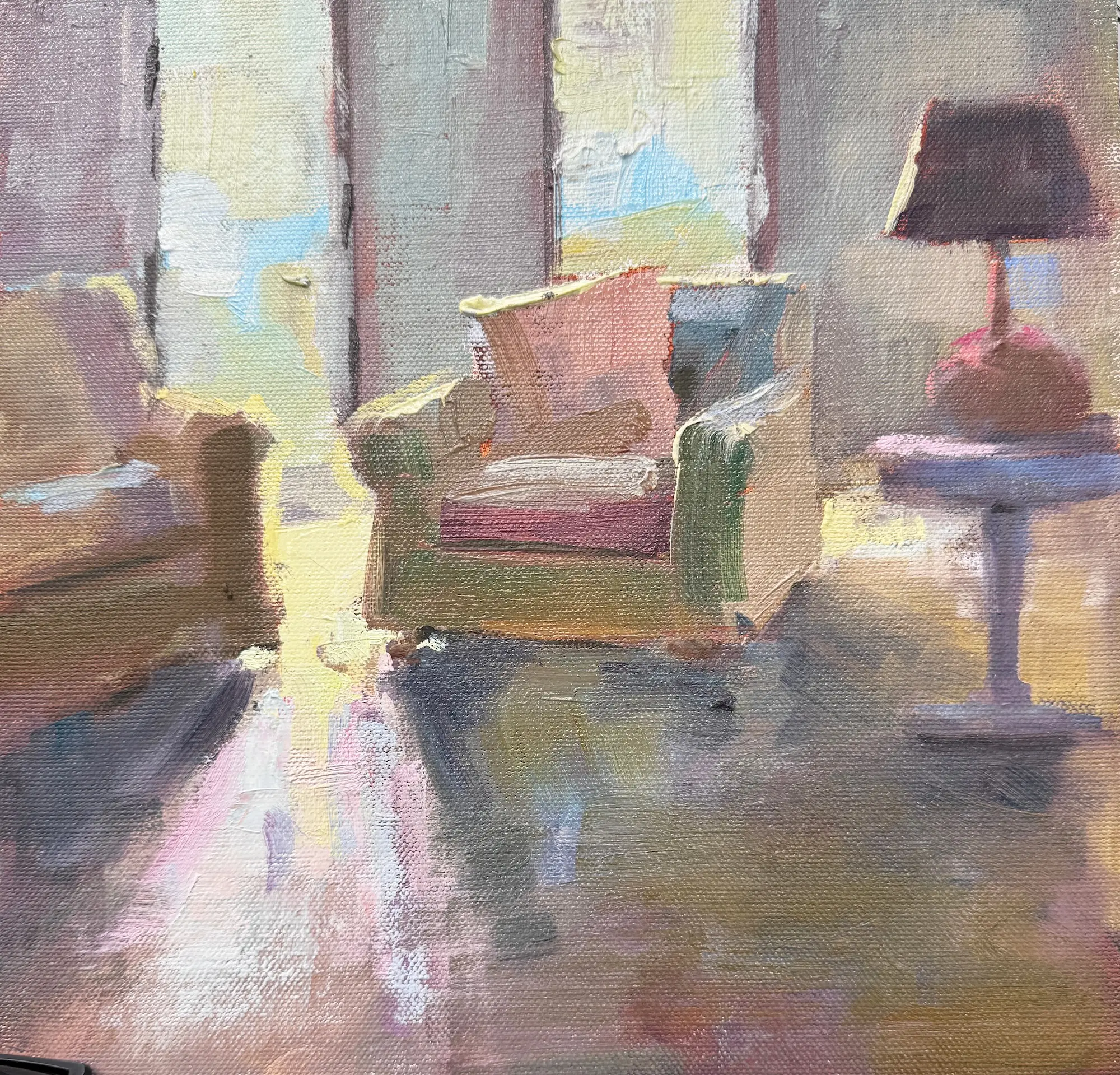 A painting of a living room with a couch and chair.