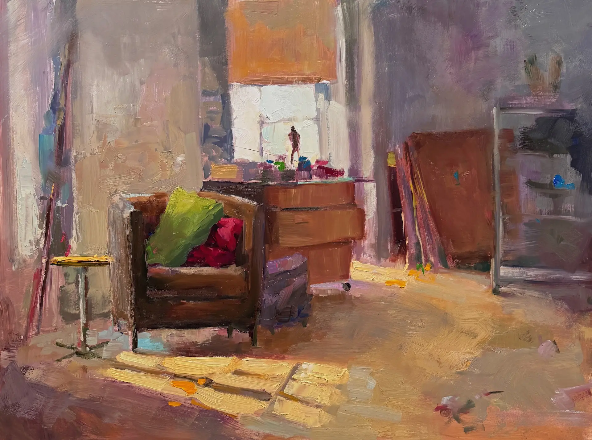 A painting of a room with furniture and a chair.