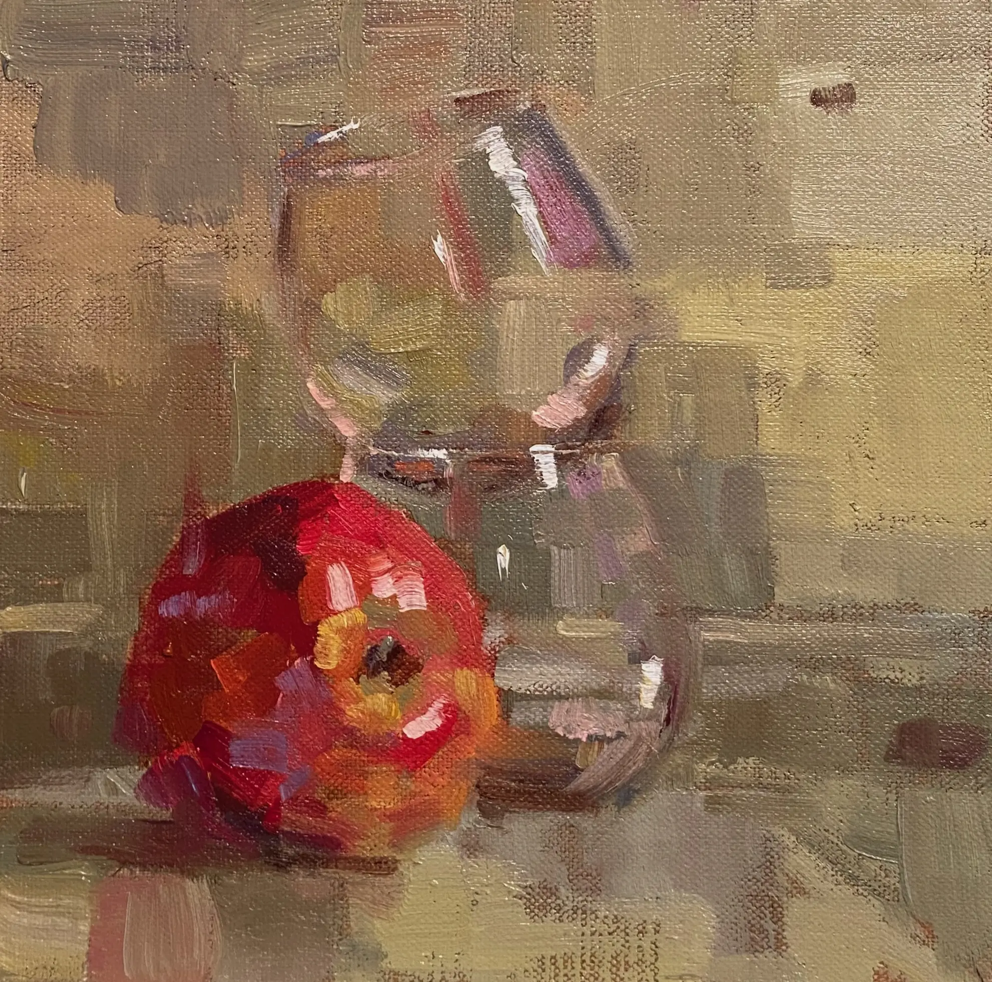 A painting of an apple and glass