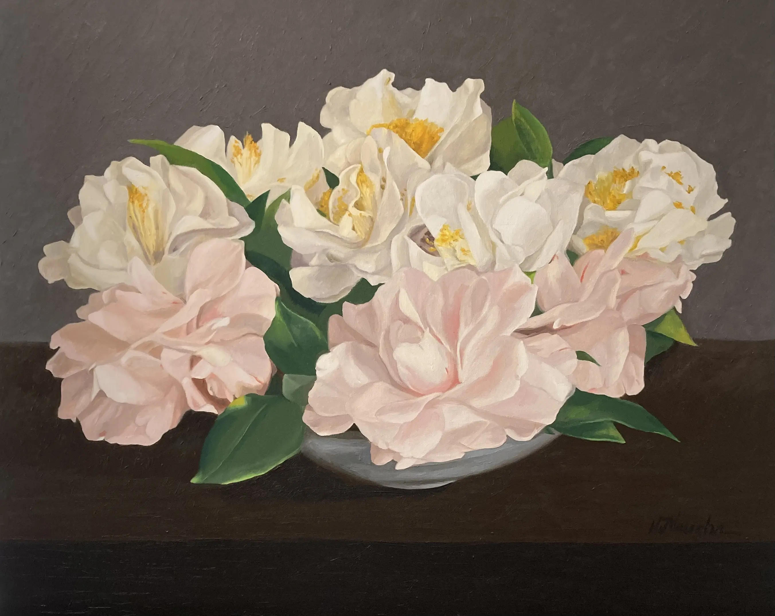 A painting of pink flowers in a bowl