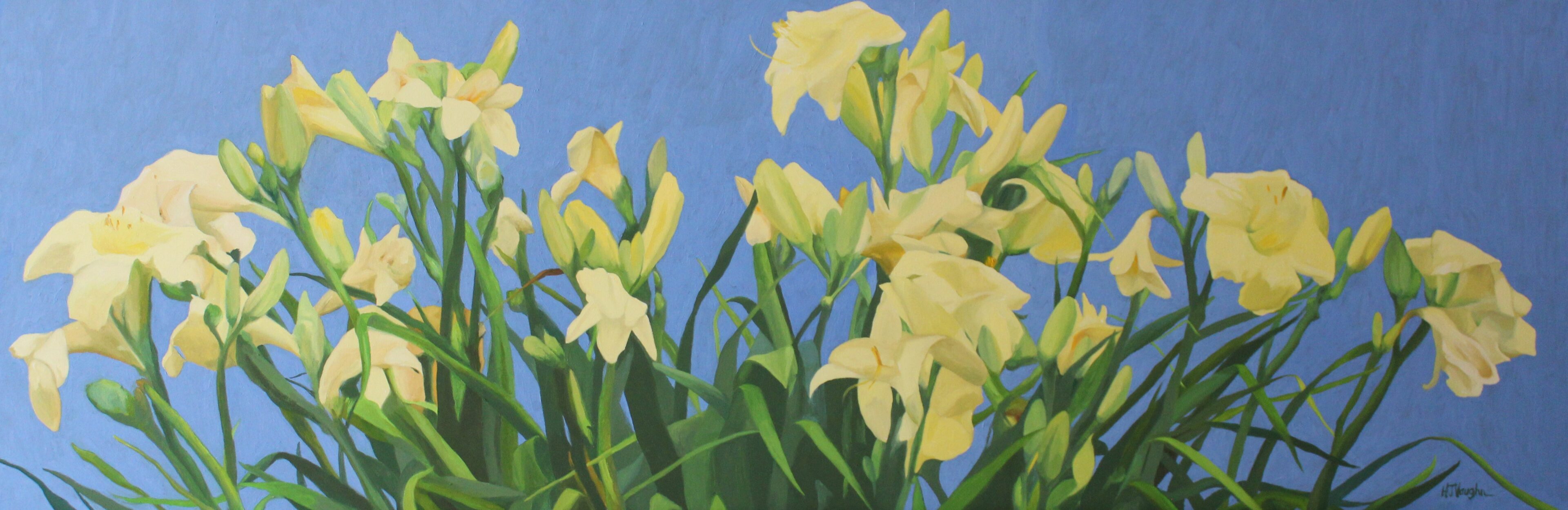 A painting of yellow flowers in the grass