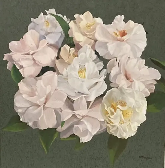 A painting of white flowers on green background