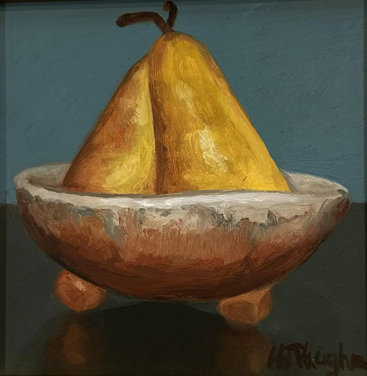 A painting of a bowl with two pears in it