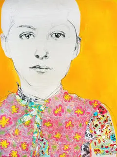 A painting of a young girl wearing a floral shirt.