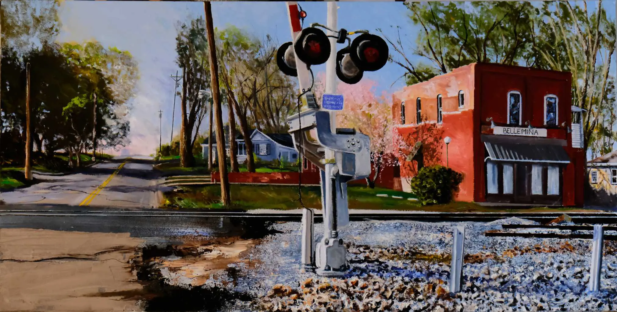 A painting of a train crossing in the middle of town.