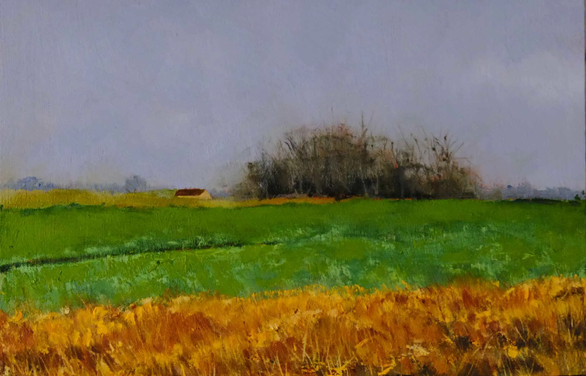 A painting of a field with trees in the background