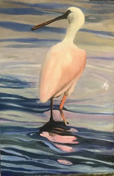 A painting of a bird standing on the water