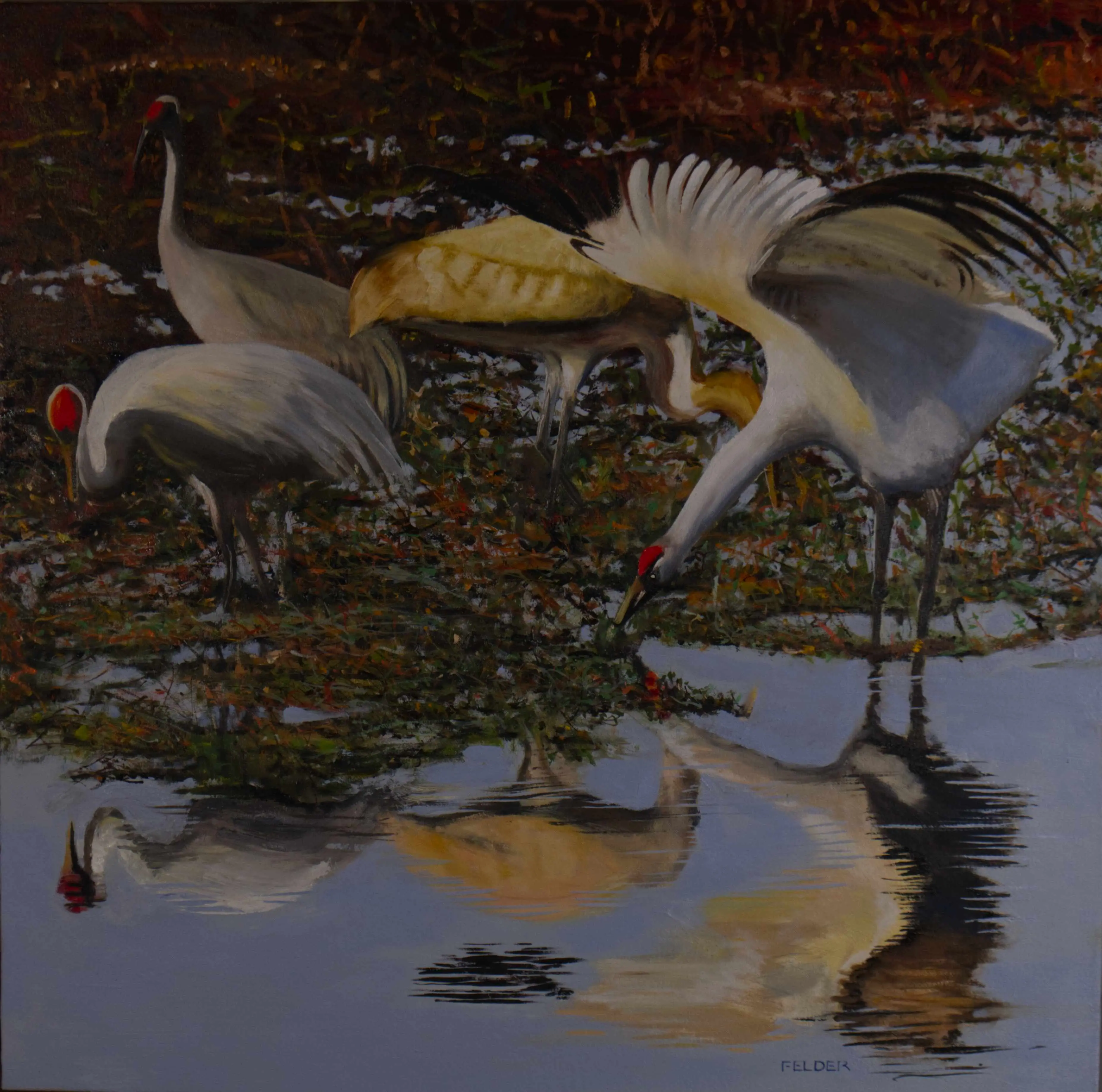 A painting of birds in the water