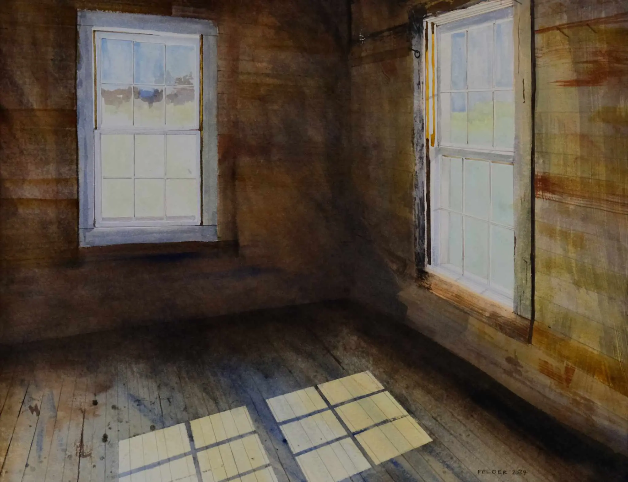 A painting of two windows in the corner of a room.