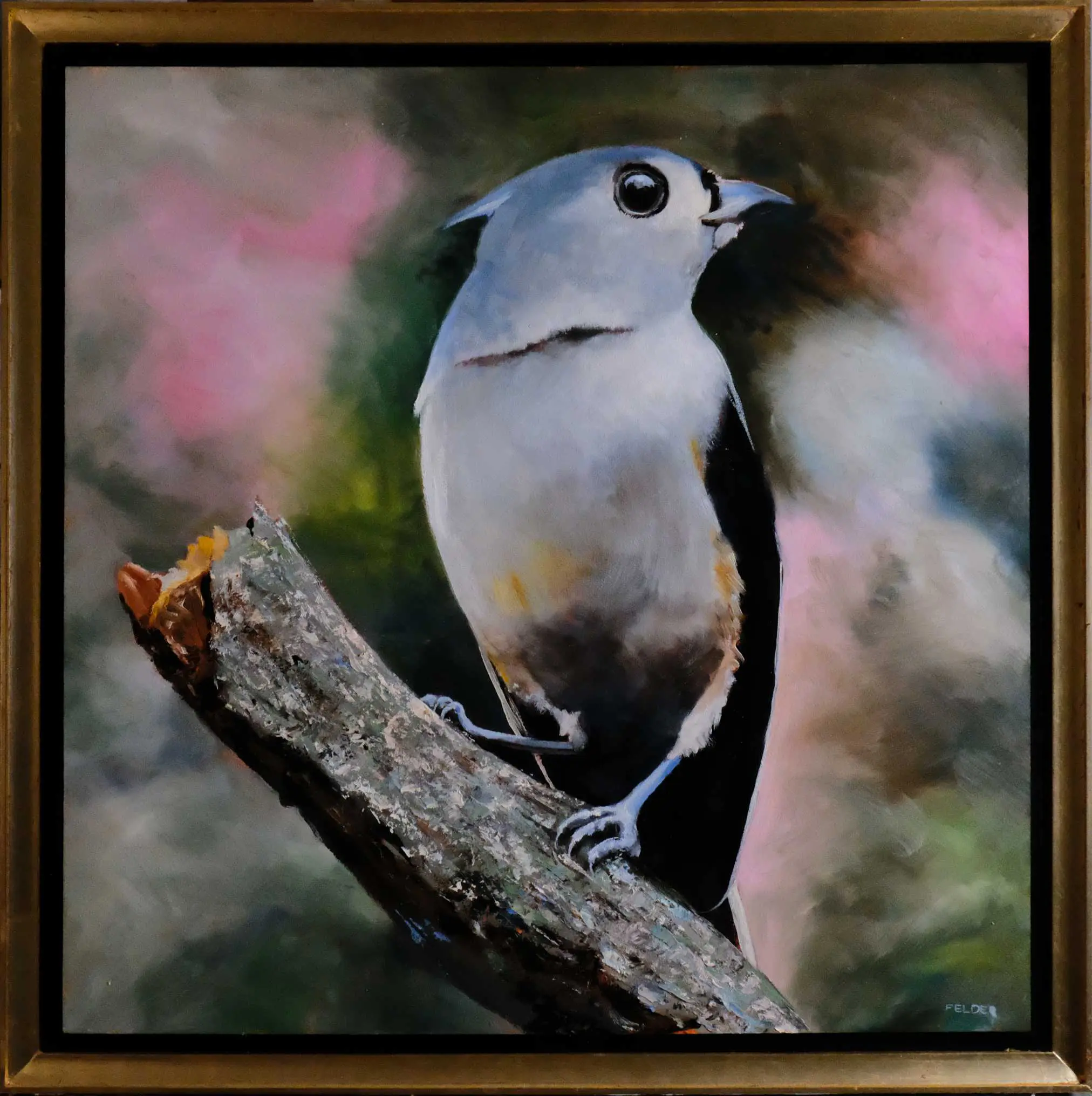 A painting of a bird sitting on a branch.