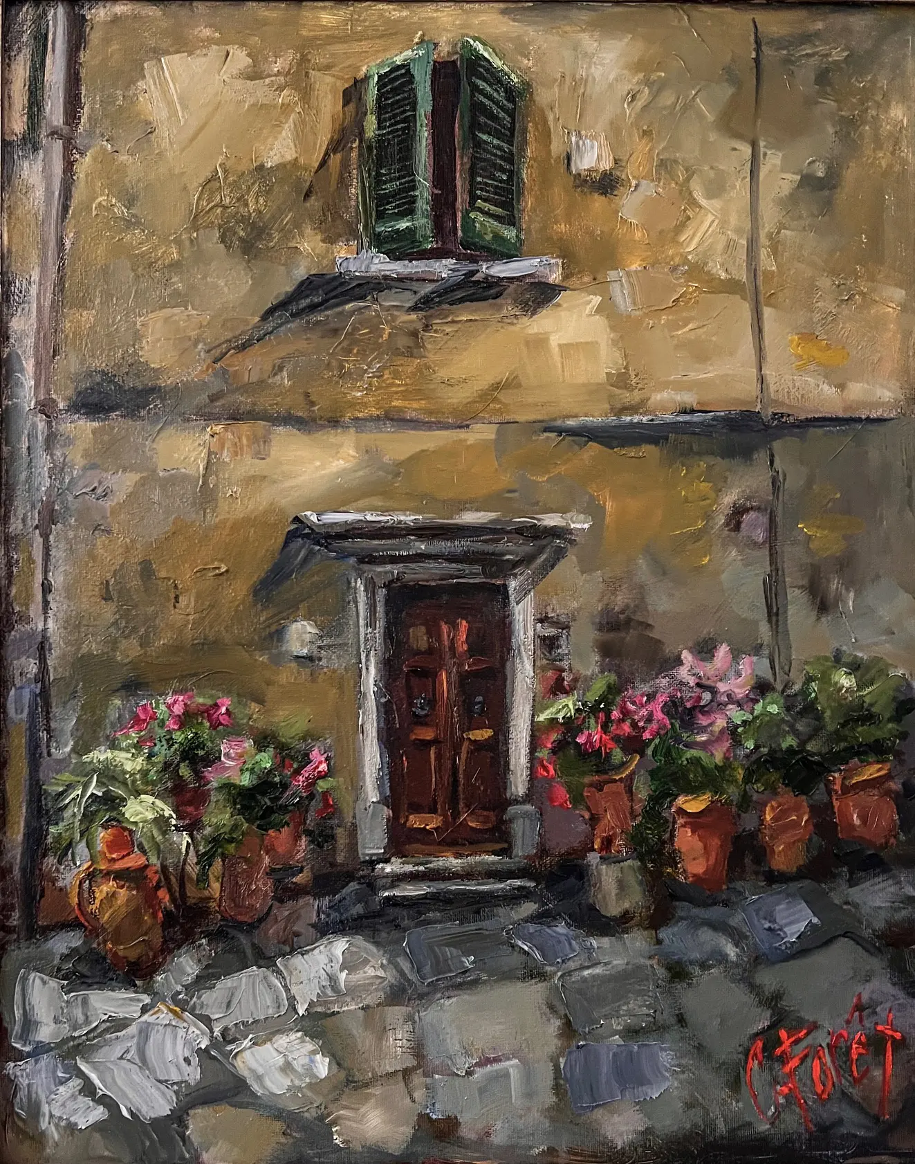 A painting of a building with flowers in the front