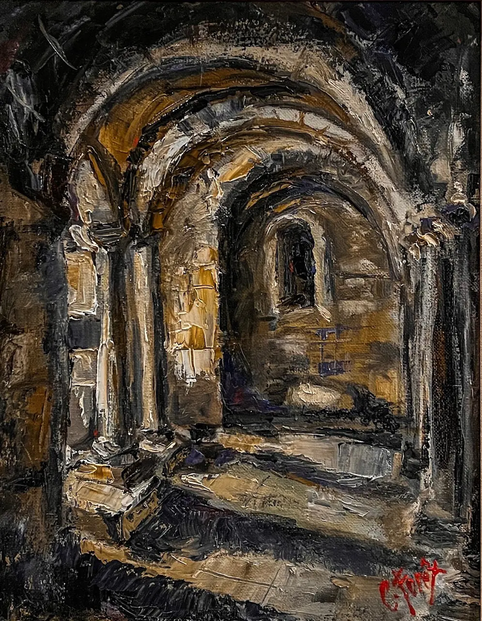 A painting of an old building with arches and columns.