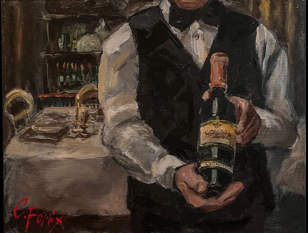 A painting of a man holding a bottle