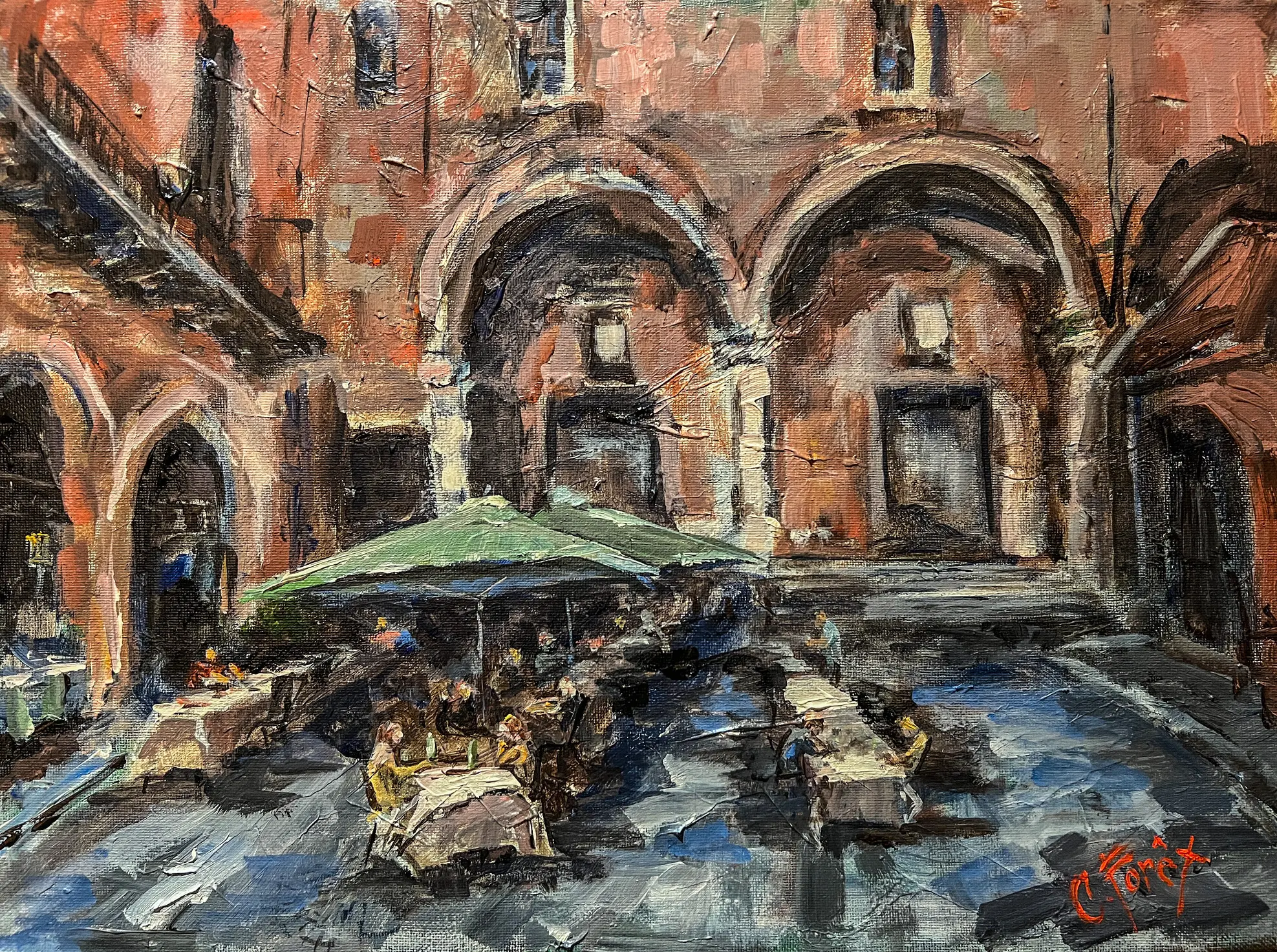 A painting of people sitting at tables under an umbrella.