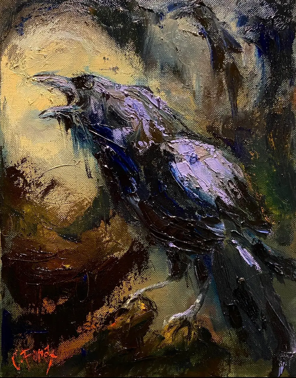 A painting of a bird with its beak open