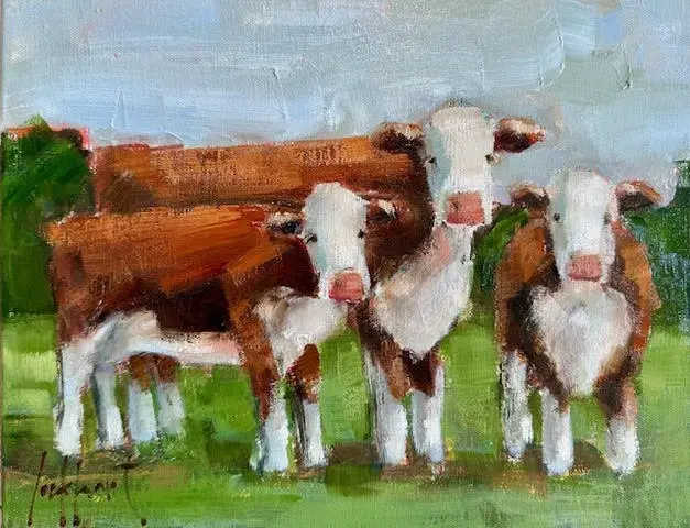 A painting of cows in the grass with one cow standing up.