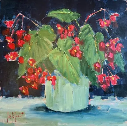 A painting of red flowers in a white vase