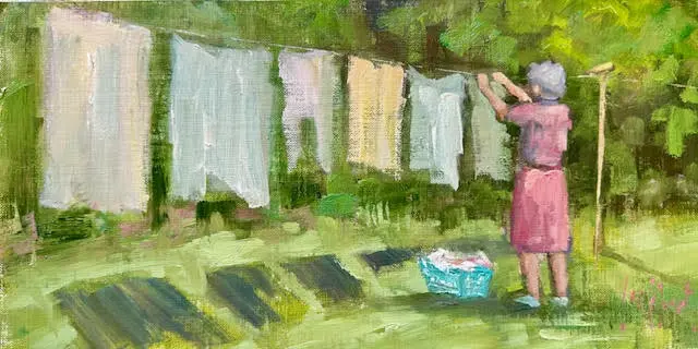 A painting of a woman hanging clothes on the line