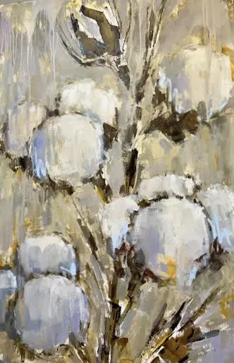 A painting of cotton plants in the middle of a field.